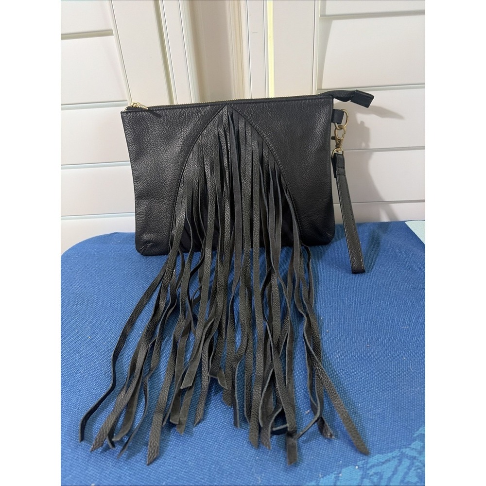 Bay Sky Dixie Wristlet Zipper Pouch Clutch With Fringe Black Leather Cotton EUC